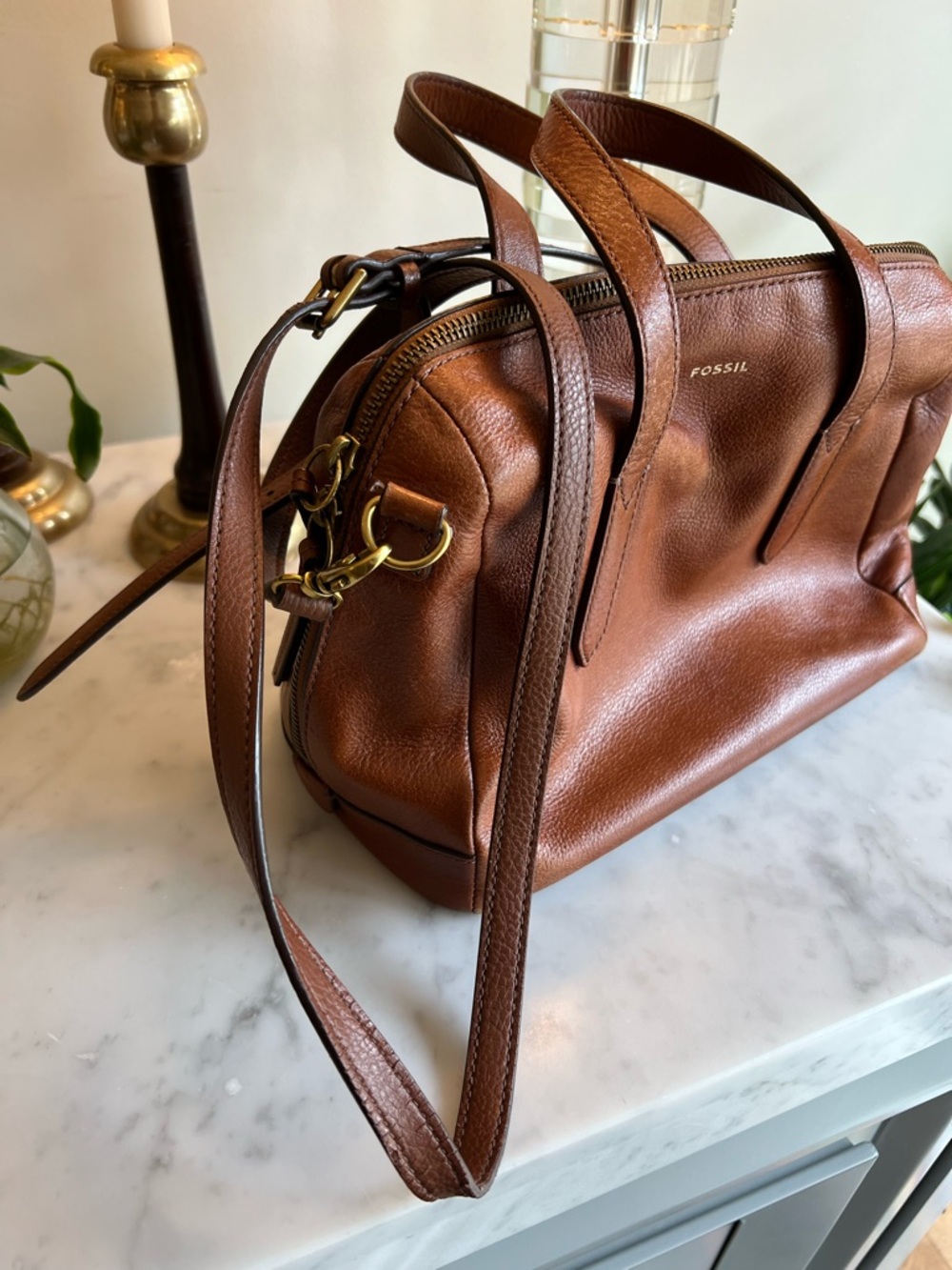 Fossil Sydney Leather Shoulder Bag in Warm Brown Cognac- Cross Body - Picture 2 of 6